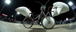 pinhole cam, airbrush 3d rendering, big tics and a cyberpunk robot The chrome priest Mantis Pillow Fighter, huge mech 🦗🥊 A bizarre upright bicycle-creature, front wheel replaced by articulated mantis-like arms carrying enormous inflatable pillows, looking far too serious about complying with official pillow-fighting regulations.