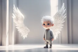 A silver-haired, balding chibi angel man stands in front of a sparkling white room wall, gazing eagerly at it in sunshine, ethereal, cinematic postprocessing, dof, bokeh Weight:1 detailed matte painting Weight:0.9