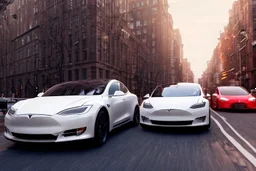 A Tesla 'Model S' is racing at top speed, near the Flatiron Building in Manhattan. (CINEMATIC, WIDE ANGLE LENS, PHOTO REAL)