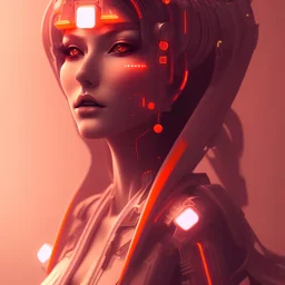 A beautiful portrait of a cute cyberpunk woman orange color scheme, high key lighting, volumetric light high details with white stripes and feathers