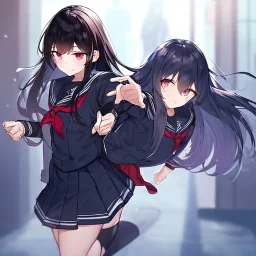 Clear focus, High resolution, Rough line, hair between eyes, 1girl, 2girl, 2girl is trying to get in 1girl way and 1girl is pushing 2girl away, 1girl has black long hair with purple eyes, 2girl has black long hair and red eyes, both wearing a sailor uniform