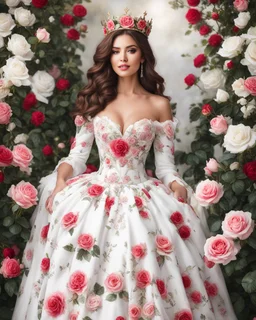 Half body realistic photography beautiful woman dressing roses pattern luxury gown roses crown, in surrounding white roses garden