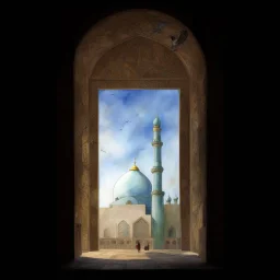 jamkaran mosque in Iran has more blue green color and gold for pattern islamic in the dome . one big domes with beautiful lighting . white Daffodil flower in the floor , clouds with small birds in sky with crescent moon of ramdan . painting watercolor ,simple and islamic style , Painting watercolor