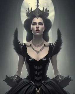 evil queen in black leather gown, busty, cleavage, angry, emperious, 8k resolution concept art portrait by Greg Rutkowski,