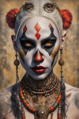 realistic portrait of harley quinn Hyperrealism, Ethereal portrait of a mystical being with tribal features, vibrant orange eyes, reptilian pupils, intricate scale-like patterns around the eyes, pale skin adorned with freckles, tribal tattoo on the nose bridge. Adorned in a weathered yellow tribal mask with dark markings, a central rivet, necklaces of gold, black, and red beads, a rustic red and dark green scarf with intricate designs, and small earrings. Serene expression, intense gaze, desatur