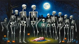 Born amidst a chorus of skeletons in a moonlit cemetery, the scene captures the momentous declaration of eternal love. The intricate image depicts a newborn, surrounded by skeletal figures, under a weeping yet joyful moon. This hauntingly beautiful painting showcases the delicate balance between life and death, with vivid colors and meticulous attention to detail. The overall quality of the artwork is superb, evoking a sense of both melancholy and enchantment.