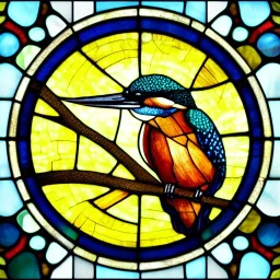 round coaster of kingfisher with stained glass window effect, highly detailed, intricate, warm colors, digital painting