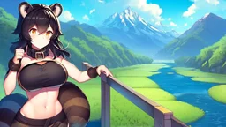 girl on the bridge,open navel, black hair, orange eyes, river, mountain,collar on neck, raccoon ears, raccoon tail, (10: big breasts), rice fields, raccoon paws on hand, raccoon muzzle on face,