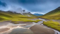 Valley of geysers, geyser field on Kamchatka Peninsula, Russia, geysers and many hot springs, paths and wooden walkways, beautiful composition, award-winning photograph, astonishing realism, 28mm lens, adjust perspective