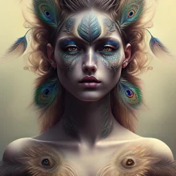 perfect woman portrait , perfect eyes, peacock feathers, face tattoo, curly hair, ominous, nature, plants, wildflower, facepaint, intricate, oil on canvas, masterpiece, expert, insanely detailed, cinematic smooth, intricate detail, soft smooth lighting, painted Renaissance style