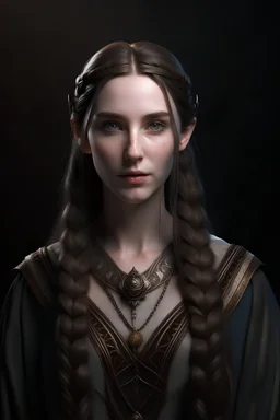 Young female high elf noble wizard with dark eyes and very pale skin long dark hair with braids in, photo realisim