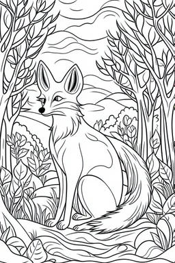 DRAW TO COLORING OF A FOX ON THE FOREST, BLACK AND WHITE CARTOON STYLE, LOW DETAILS, THICK LINES, NO SHADING LINES