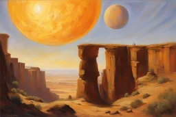 sunny day, planet in the sky, rocks, cliffs, sci-fi, friedrich eckenfelder impressionism paintings