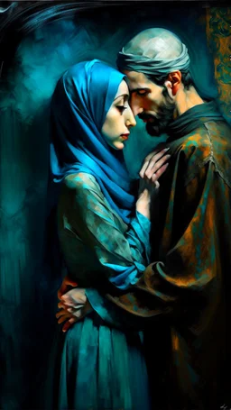 Side profile of an Arabic with her aspirations behind her standing . Holding her man hugging with love and romance,Opulent Van Gohn style painting, Busch painting style nightmare