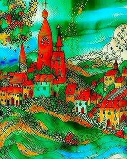 Innsbruck Cathedral: Intricately textured Joan Miro Style: highly detailed surreal landscape, village by the sea, trees, clouds, crashing ocean waves, bleeding ink, drawing on textured paper, Paul Klee, red, amber, green, indigo, aquamarine and maroon colours, mixed media, precisely executed fine line art, frameless, by Susanne. Modifiers: high definition crisp quality Picasso SALVADOR DALI vibrant colours Ukiyo-e *SK