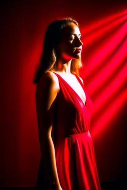 beautiful portrait, rays of sunlight, abstract minimal, red dress