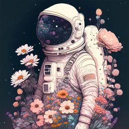 "floral astronaut" hand-drawn digital art, muted tones, flowers everywhere, REALISTIC, anime, 4k, colorful, galaxy