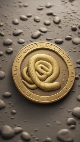 a smooth 3d game graphics circular shaped golden coin with a full body relief print of snake butt in misty mud