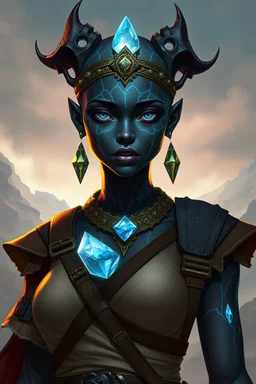 Please generate a female earth genasi She should have dark-colored skin. She should have lines marking her skin like cracks, showing glimmering gem-like veins. Instead of hairs, she has crystals. She also have crystal on her skin. She wears adventurer clothes