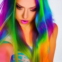 A beautiful girl , sexy , rainbow hair, highly detailed and a green background