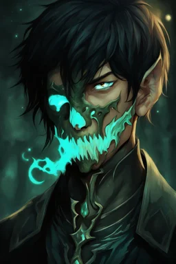 fantasy art, young male, half-elf, noble, half skull mask, pale skin color