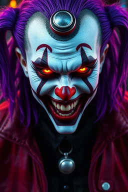 Cyberpunk netrunner edgerunner clown. Blood Red glowing eyes. Black make up. Maniacal laughter. Purple hair. Cyberpunk clothes