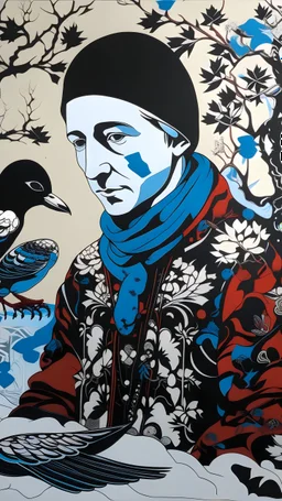 A contemporary serigraphy portrait by Matisse and Kunisada of a person with the head of a crow, dressed with a punk leather jacket within a snowy Christmas atmosphere.