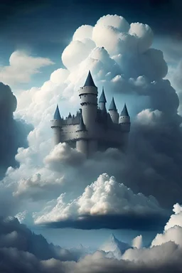 Enormous castle completely made up of clouds in the sky, ominously looming above.