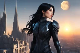 A slim Woman With Black shoulder length hair, Wearing an android-looking suit, standing sideways On a ledge of a building, with a moon Behind Her Head, towering spires and buildings highlighted by the setting sun