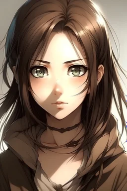 Dark brown eye color, 18 years old, dark brown hair color, fair and slightly white skin color, relatively small eyes, relatively thin lips, thin and slightly round face,anime attack on titans,1 girl.