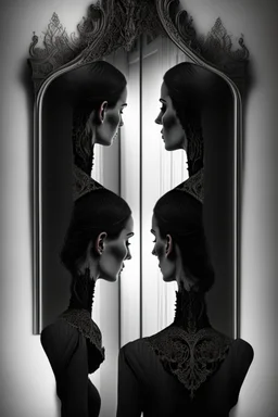 View from behind, a beautiful woman,she stares into a mirror, but her reflection in the mirror is an empty face, symbolism for the question "who am I", 32k, Mysterious and gothic, chaotic