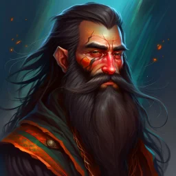 dnd, fantasy, wizard, portrait, face, close up, long beard, black hair, angular features, exotic features, long, slender