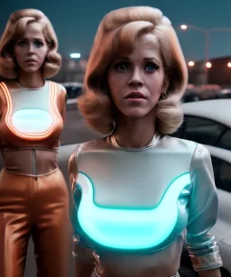 Ultra Realistic retro sci-fi movie Supermarket parking people scene, 1960 year, waist up view portrait, 2 clones blonde women, sweet teenager Jane Fonda face, perfect iris, glow eyes, face makeup, tight latex coat. many people looking, Retro sci-fi style, soft color, highly detailed, unreal engine 5, ray tracing, RTX, lumen lighting, ultra detail, volumetric lighting, 3d, finely drawn, high definition, high resolution.