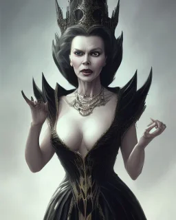 old evil queen in black leather gown, volouptous, busty, cleavage, angry, emperious, 8k resolution concept art portrait by Greg Rutkowski,