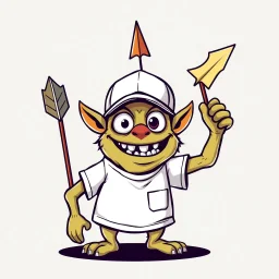 cartoon monster wearing a ballcap and T-shirt holding an arrow overhead, on solid color background