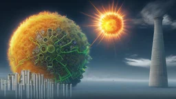 "The image illustrates the concept of nuclear energy and its environmental impact. It portrays a modern nuclear reactor alongside arrangements of solar panels, symbolizing the use of multiple sources for safe and sustainable energy generation. The image strikes a balance between technology and the environment, reflecting the complex content of the article and the influence of energy on the natural world."