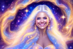 very beautiful cosmic women with white long hair, smiling, with cosmic dress and bright earings. in the background there is a bautiful sky with stars and light beam