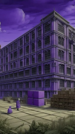 A purple factory with a library painted by Leonardo da Vinci