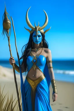 A picture of a beautiful "blue" faced indian goddess with skin painted blue, "blue painted body", "blue painted torso", wild black hair, stag antlers, elven ears, golden skirt, holding a staff on a sunny beach