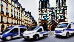A police Tesla Cybertruck is chasing a Tesla 'Model S Plaid' at top speed, by the Notre-Dame Cathedral, in Paris. CINEMATIC. WIDE ANGLE LENS. PHOTO REAL.