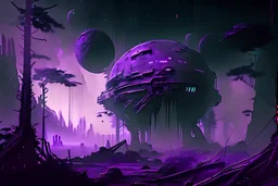 Futuristic Outpost, Alien Planet, Corrupted Forest, Dense Purple Fog, Dead Soil, Black Night Sky, Stars, Space, Distant Planets