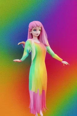 isometric clean art of super beautiful lady, soft lighting, soft pastel gradients, high definition, 3d icon clay render, blender 3d, beautiful, long hair, rainbow hair, rainbow dress, feline eyes and ears