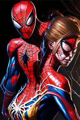 spiderman and spiderwoman across the spider-vers. Digital art. Concept art. Maximum detail, power colors