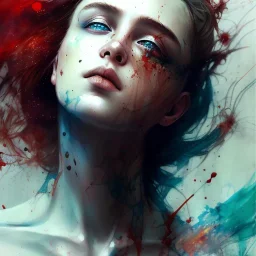 Singer Danish MØ face, watercolor illustration by <agnes cecile> <Yoji Shinkawa>, darkred tones,