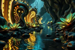 photography of a sci-fi ecosystem. metallic recursive architectural elements merging with organic bioluminescent plant life. The water in the nearby stream shows impossible fractal ripples and metallic sheen. Intricate procedural patterns, high-tech nature, hard-surface modeling aesthetics mixed with soft organic curves, subsurface scattering on petals, high-gloss metallic reflections, 4k, Octane Render style.