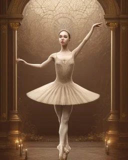 ballerina on stage of elaborate opera house, sepia photography, 8k resolution, high-quality, fine-detail, intricate, detailed matte, volumetric lighting, photo-realistic, candles, translucent gown, illustration, 3D octane render, brian froud, howard lyon, selina french, anna dittmann, annie stokes, lisa parker, greg rutowski,