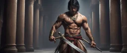 Hyper Realistic shirtless muscular handsome short black hair Indian King holding sword in a huge dark haunted hallway with traditional pillars