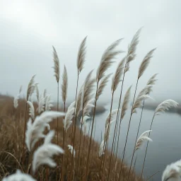 Ultra-realistic cinematic photo of tall pampas grass with white feathery plumes, swaying softly in the wind, beside a slow river reflecting the grey sky, soft mist rising, atmosphere of nostalgia, inner sadness and hidden beauty, detailed textures, emotional, enchanting, poetic landscape