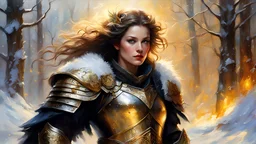winter, (1man, russian), beautiful, wicked, (warrior queen), soft impressionist brushstrokes, richard schmid style canvas texture, magical glow, (gold armor), with glowing spells, magical lighting, by Jean-Baptiste Monge: 20 Artgerm:5 and Greg Rutkowski:30, by richard schmid :10, Painting by richard schmid