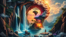 the waterfall is full of holes with various jungle flowing spiral cloud neon colorful Unique open cliff burning ripped surrealistic artwork with shiny shackled by cliff and sea island, while holding a waterfall doing pulling, the open cavity inside the body is a scene of an ancient Egyptian painting in the Gesang desert 5D diorama, with seven open panels on the revealing a forest with a thousand shadows, giving a triple exposure effect on a Balinese girl and her neck cavity, with a background in